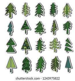 Christmas trees stickers set. Sketch hand drawn icons. Isolated on white background design elements
