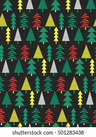 Christmas trees with stripes seamless pattern. Seamless pattern with green fir-trees.  Christmas seamless pattern flayer, banner, poster templates. Hand drawn traditional symbols, cute design elements