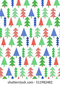 Christmas trees with stripes seamless pattern. Triangle Pine Tree. Christmas seamless pattern flayer, banner, poster templates. Hand drawn traditional symbols, cute design elements
