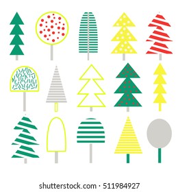 Christmas trees with stripes. Triangle Pine Tree. Christmas flayer, banner, poster templates. Hand drawn traditional symbols, cute design elements