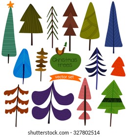  Christmas trees- Stylish New Year and Christmas set in vector with a lot of different X-mas trees