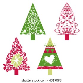 Christmas trees with swirls, scrolls and floral elements and shapes