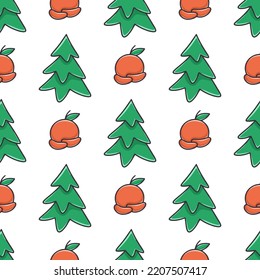 Christmas trees and tangerines cartoon seamless pattern. Festive New Year background with fir tree. Print for digital paper, wallpaper, package, textile. Winter template for design vector illustration