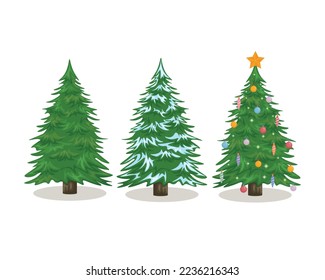 Christmas trees. Three Christmas trees decorated with Christmas balls, the other without decorations. Christmas tree in the snow. Vector illustration.