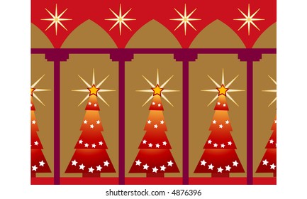 christmas trees through an archway vector