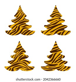 Christmas trees with tiger print. Happy New Year 2022 greeting card.Vector illustration.