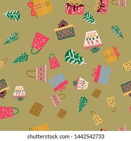 Christmas trees, toys and gifts seamless pattern on mustard background. Flat style illustration. Greeting card, poster, design element. Vector