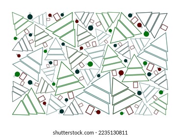 Patrón de árboles y juguetes navideños. Aislado sobre fondo blanco. Colores verdes y marrones. Feliz Año Nuevo. Celebración. Tarjeta, cartel, publicación.