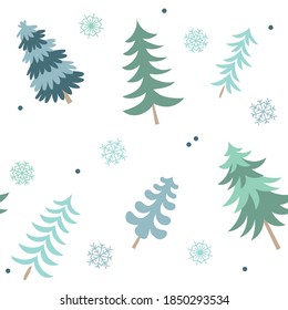 Christmas trees, Christmas toys, Pattern, snow, snowflakes, holiday. New Year. Christmas. For cover, background, textile, texture, poster, postcard, card, banner