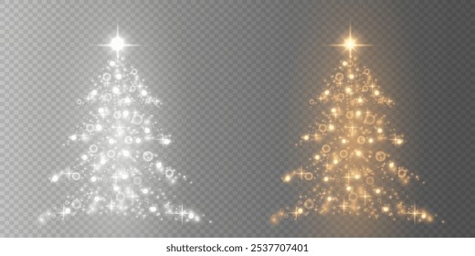 Weihnachtsbäume.Auf transparentem Hintergrund. Frohe Weihnachten. Gold- und Silberschmuck. Helles, glänzendes Licht. Vektor.