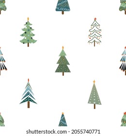 Christmas trees and Christmas tree decorations. New Years design of fabric, packaging, gift paper. Seamless pattern.