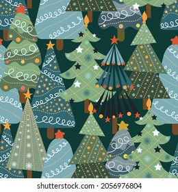 Christmas trees and Christmas tree decorations. New Years design of fabric, packaging, gift paper. Seamless pattern.