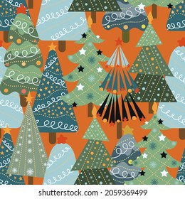 Christmas trees and Christmas tree decorations. New Years design of fabric, packaging, gift paper. Seamless pattern.