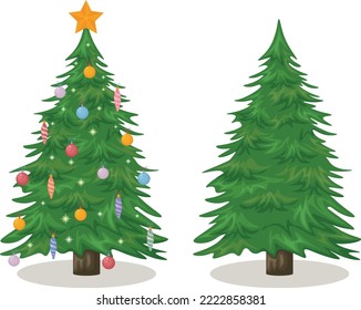 Christmas trees. Two Christmas trees, one decorated with Christmas balls, the other without decorations. Vector illustration