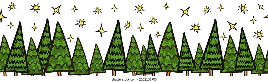 Christmas trees vector border. Seamless pattern hand drawn doodle trees green red. Decorative Winter holiday sketch design for ribbons, card decoration, scrapbooking, banners