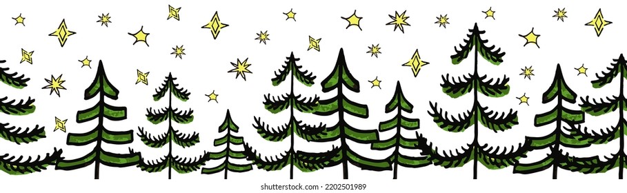 Borde vectorial de árboles de Navidad. Estampado de madera de doodles dibujados a mano verde rojo. Diseño de boceto decorativo para vacaciones de invierno para cintas, decoración de tarjetas, scrapbooking, banners