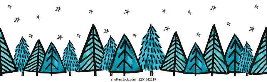 Christmas trees vector border. Seamless pattern hand drawn doodle trees blue fir. Decorative Winter holiday sketch design for ribbons, card decoration, scrapbooking, banners
