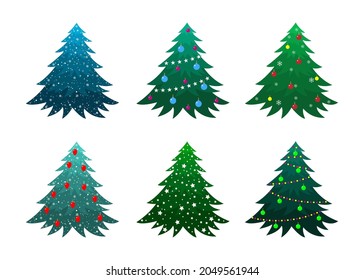 Christmas  trees vector collection.  Colorful vector illustration in flat cartoon style. A set of decorated fir trees