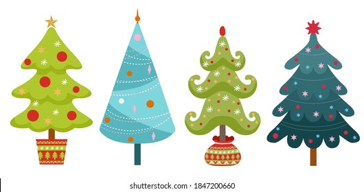 Weihnachtsbäume, Vektorgrafik. Pines für Grußkarte, Einladung, Banner, Web. Neue Jahre und Weihnachten Traditioneller Symbolbaum mit Garland, Glühbirne, Stern. 