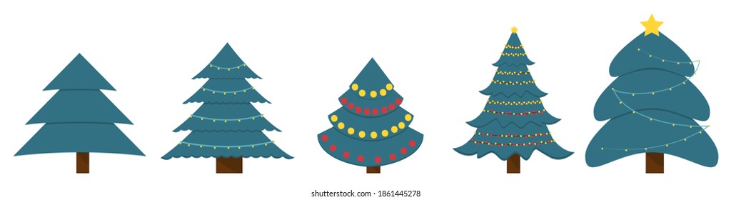 Christmas trees vector illustration. Collection of christmas trees with holiday garland decoration. Evergreen sparcle winter fir.