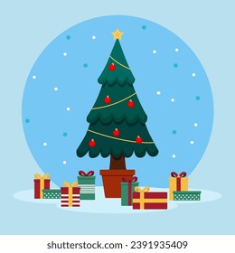 Ilustración vectorial de árboles de Navidad. Árbol de abetos verde y pinos decorados con ramas de bolas rojas y cajas de regalo, estrella navideña, luces azules y copos de nieve. Feliz Año Nuevo