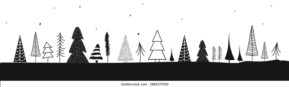 Christmas trees vector illustration. Hand drawn christmas trees with holiday doodle ornament. Evergreen sparcle winter fir. Concept of diversity, with silhouettes doodle christmas trees.