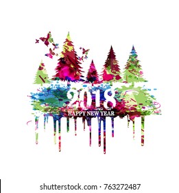 Christmas trees vector illustration. Happy New Year 2018 colorful christmas tree design background