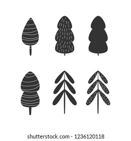 Christmas trees and trees. Vector illustration for printing, design elements for children's pictures. Set of icons.