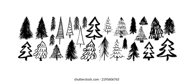 Christmas trees vector illustration set. Black spruces and pines hand-drawn with a brush. Black ink and brush sketches of spruce. Vector clip arts isolated on white. Coniferous trees silhouettes