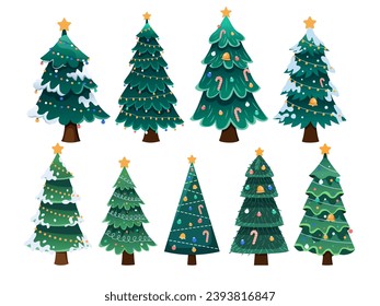 Christmas trees vector illustration set showcasing a diverse collection of beautifully decorated pine trees. From traditional to modern designs, these festive trees add charm and cheer to any design.