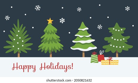 Christmas trees vector illustration. Snowy night. Christmas and new year card. Fir trees and gift boxes on dark background.