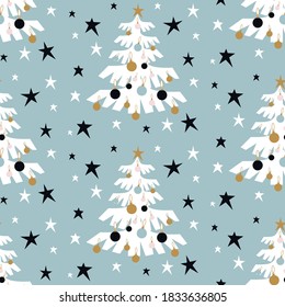 
Árboles de Navidad. Ilustración vectorial para vacaciones de invierno Patrón festivo sin fisuras en un fondo azul. Ilustración vectorial. Estilo escandaloso.