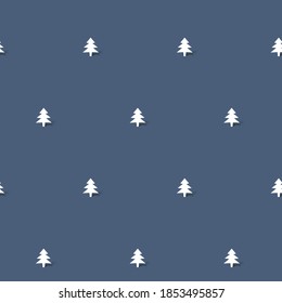 Christmas trees vector, seamless pattern with white pine trees vector, pastel dark blue vector background, digitally created on a tablet