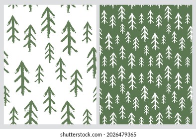 Christmas Trees Vector Seamless Pattern. Infantile Style Sketched Christmas Trees on a White and Green Background. Winter Forest Irregular Print ideal for Wrapping Paper. Tree Made of Scribbles.