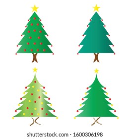 Christmas trees vector set with decorative balls and star on white background