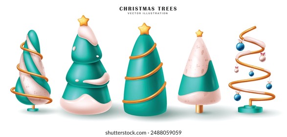 Christmas trees vector set design. Elegant green christmas tree in cone and spiral shape with xmas balls and stars ornaments isolated in white background for holiday season. Vector illustration 