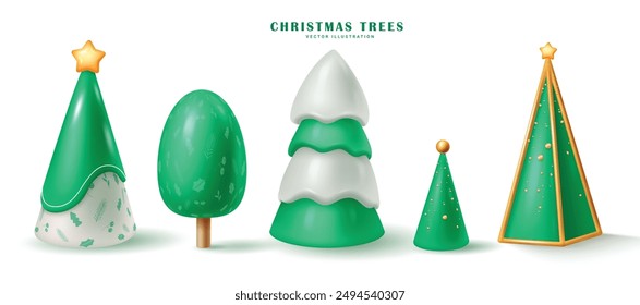 Christmas trees vector set design. Elegant green christmas tree in cone shape with gold xmas balls and stars ornaments isolated in white background for holiday season. Vector illustration 3d pine tree