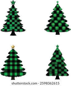 Christmas Trees Vector Set, Green and Black Plaid, Isolated on White Background