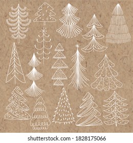 Christmas trees. Vector set, isolated elements on kraft paper. Hand-drawn illustration for greeting cards, posters, banners, placards , invitations,cover design templates.