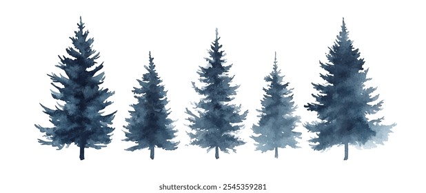 Christmas trees Vector watercolor illustration,Forest, fir trees, pine trees, woods watercolor illustration,festival set