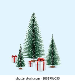 Christmas trees with white gift boxes. Cards, posters. Vector holiday illustration.