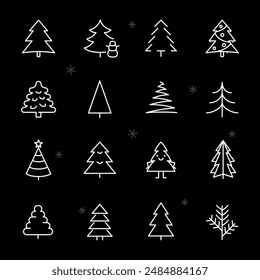 Christmas trees, white line icons. Various designs of Christmas trees and decorations. holiday and festive themes. Symbols on black background. Editable stroke.