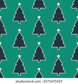 Christmas trees with white outline and stars on green background. Vector seamless pattern. Seasonal decoration.