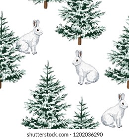 Christmas trees and white rabbit floral seamless pattern white background. Winter forest wallpaper.