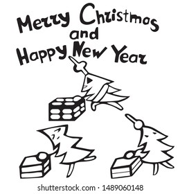 Christmas trees wishes Merry Christmas and Happy New Year and give gifts. Cartoon