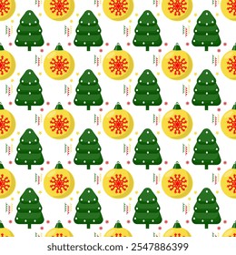 Christmas trees and yellow balls with snowflakes on a white background