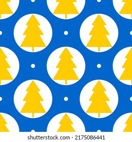 Christmas trees of yellow color on a blue background with snow. Seamless winter holiday pattern. Vector.