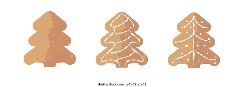 Christmas tree-shaped gingerbread cookies decorated with icing, cookies - set of vector illustrations