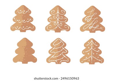 Christmas tree-shaped gingerbread cookies decorated with icing, cookies - set of vector illustrations