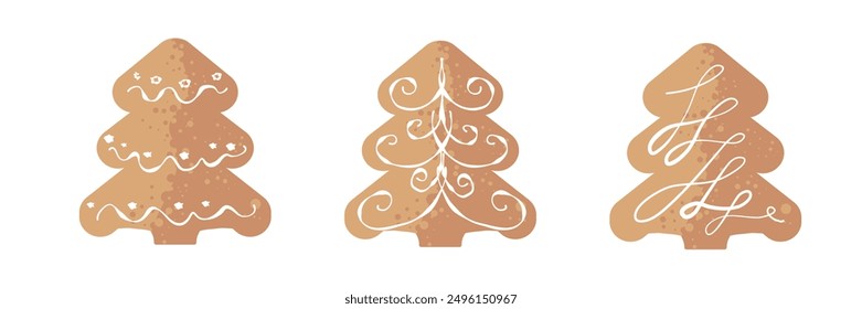 Christmas tree-shaped gingerbread cookies decorated with icing, cookies - set of vector illustrations